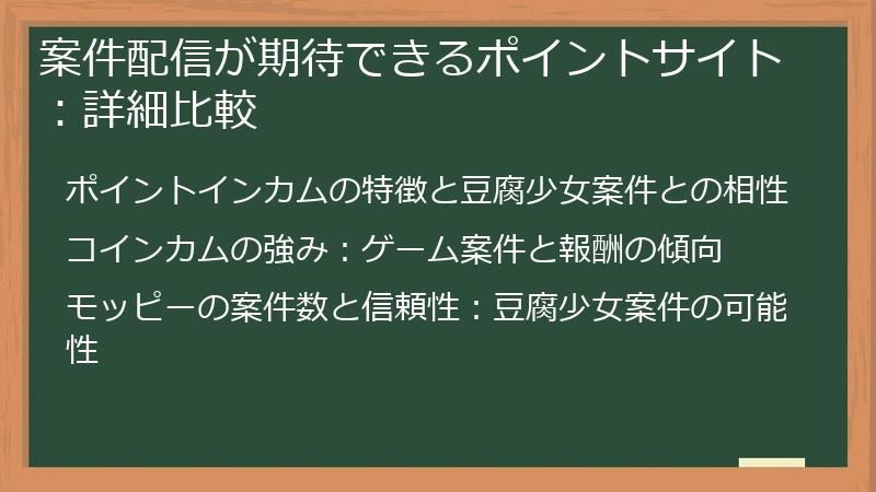 案件配信が期待できるポイントサイト：詳細比較