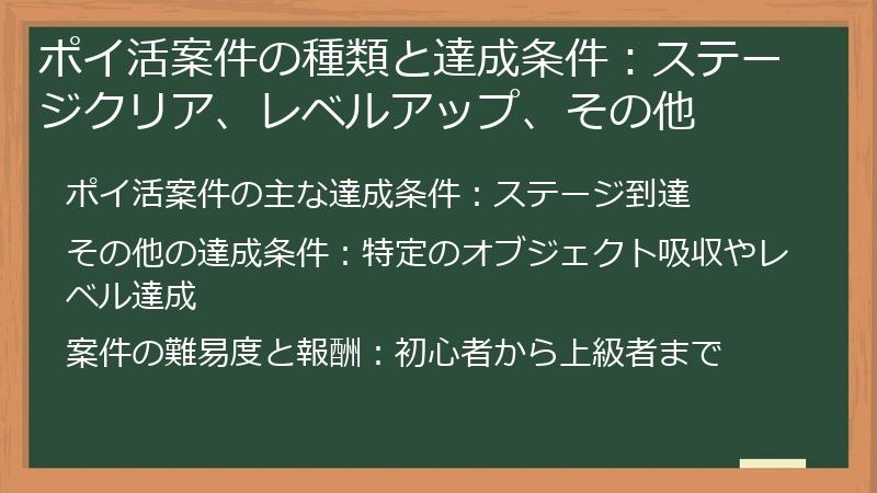 ポイ活案件の種類と達成条件：ステージクリア、レベルアップ、その他