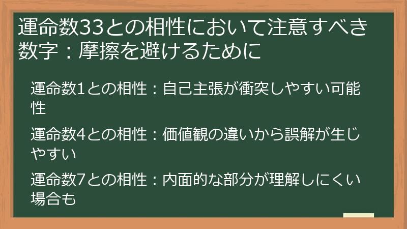 運命数33との相性において注意すべき数字：摩擦を避けるために
