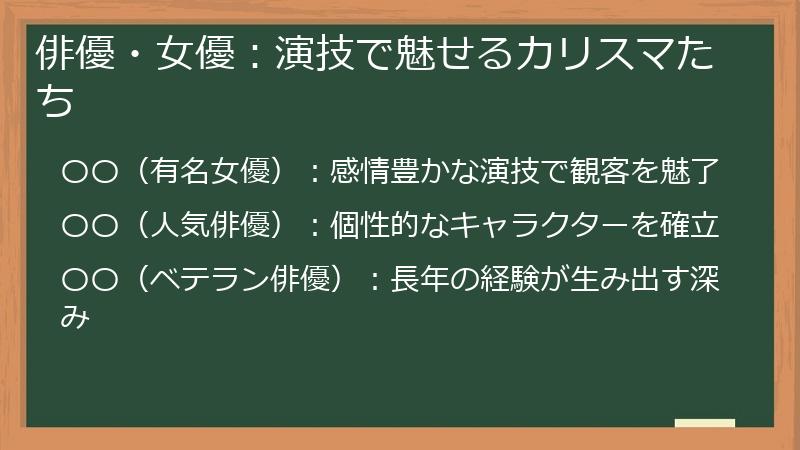 俳優・女優：演技で魅せるカリスマたち