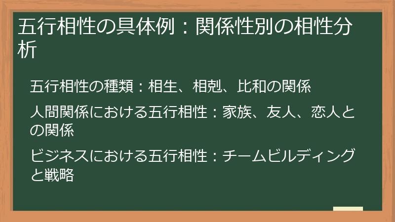 五行相性の具体例：関係性別の相性分析