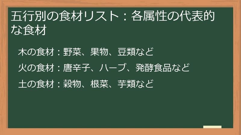 五行別の食材リスト：各属性の代表的な食材