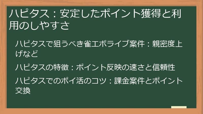 ハピタス：安定したポイント獲得と利用のしやすさ