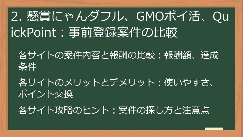 2. 懸賞にゃんダフル、GMOポイ活、QuickPoint：事前登録案件の比較