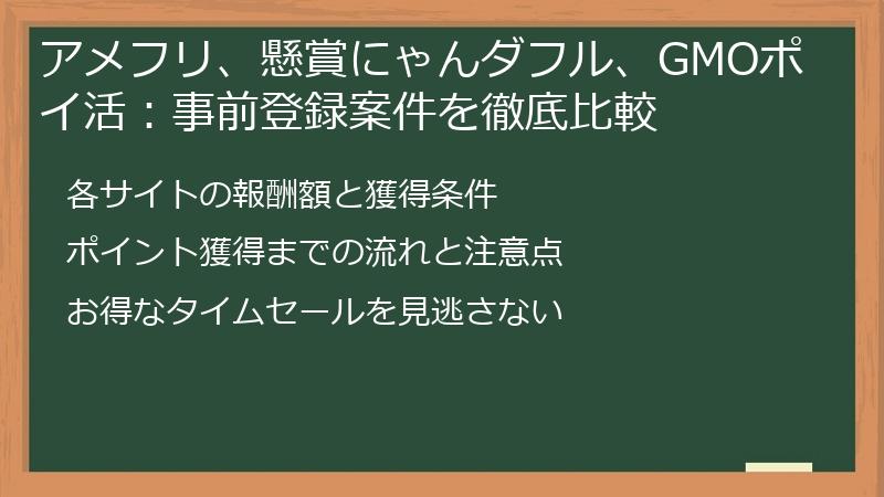 アメフリ、懸賞にゃんダフル、GMOポイ活：事前登録案件を徹底比較