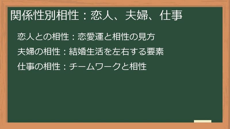 関係性別相性：恋人、夫婦、仕事