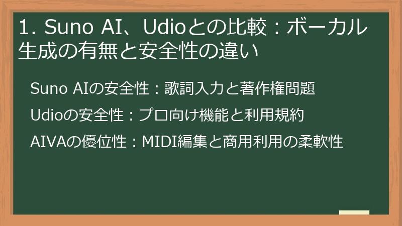 1. Suno AI、Udioとの比較:ボーカル生成の有無と安全性の違い
