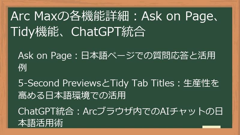 Arc Maxの各機能詳細：Ask on Page、Tidy機能、ChatGPT統合