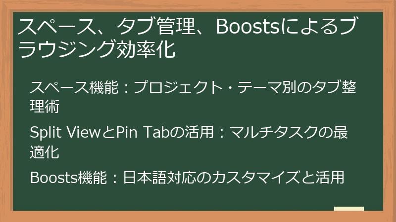 スペース、タブ管理、Boostsによるブラウジング効率化