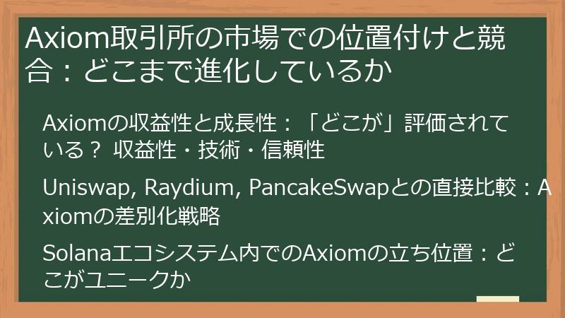 Axiom取引所の市場での位置付けと競合：どこまで進化しているか