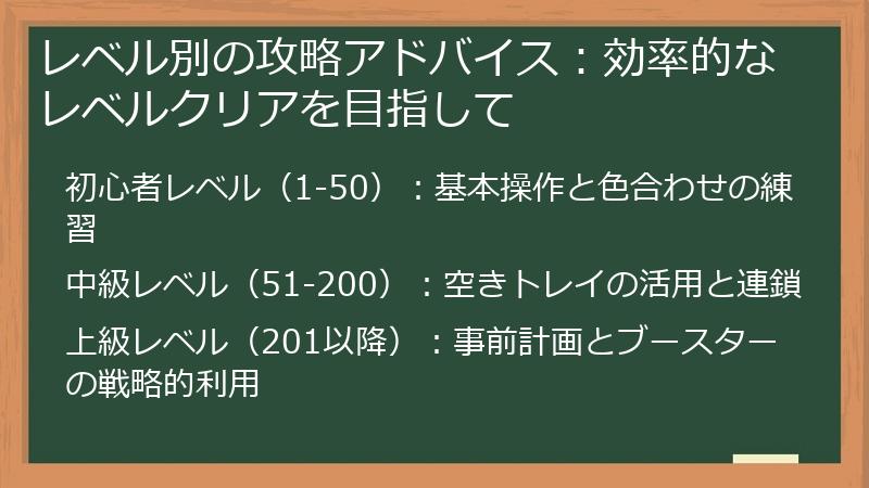レベル別の攻略アドバイス：効率的なレベルクリアを目指して
