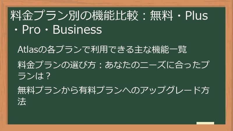 料金プラン別の機能比較：無料・Plus・Pro・Business