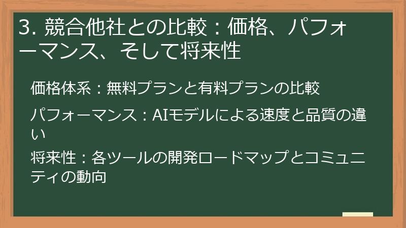 3. 競合他社との比較：価格、パフォーマンス、そして将来性