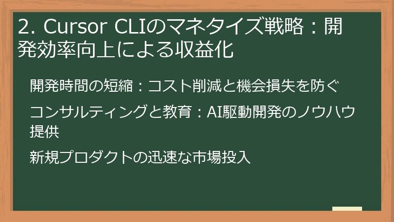 2. Cursor CLIのマネタイズ戦略：開発効率向上による収益化