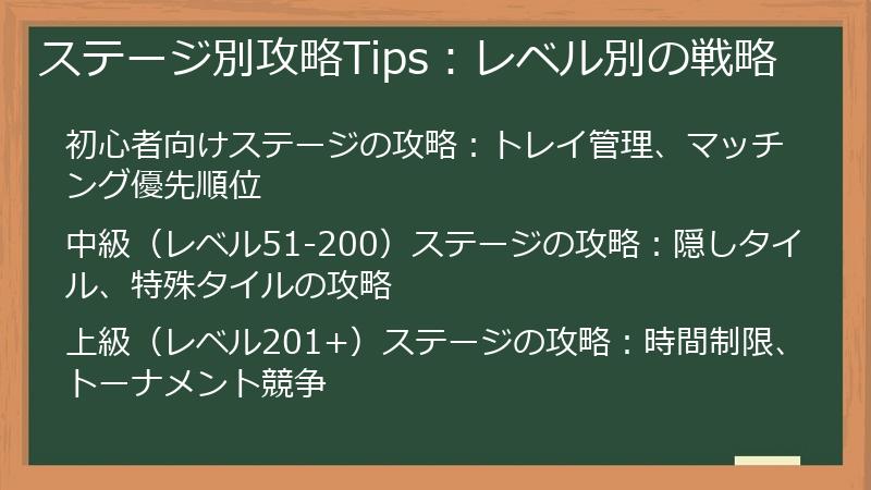 ステージ別攻略Tips：レベル別の戦略