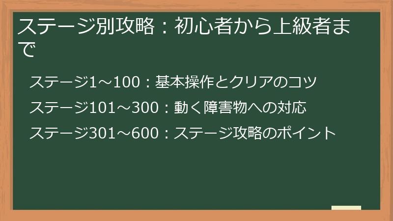 ステージ別攻略：初心者から上級者まで