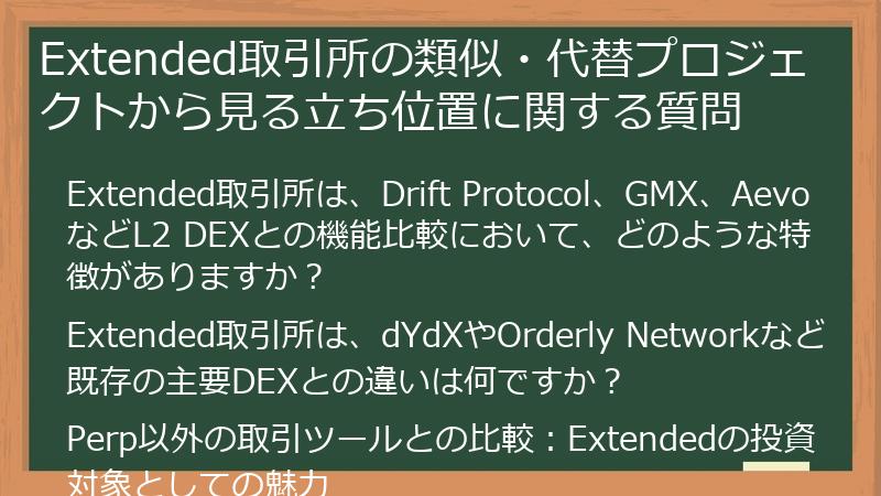 Extended取引所の類似・代替プロジェクトから見る立ち位置に関する質問