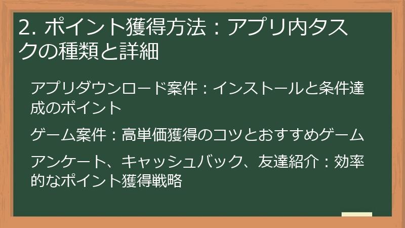2. ポイント獲得方法：アプリ内タスクの種類と詳細