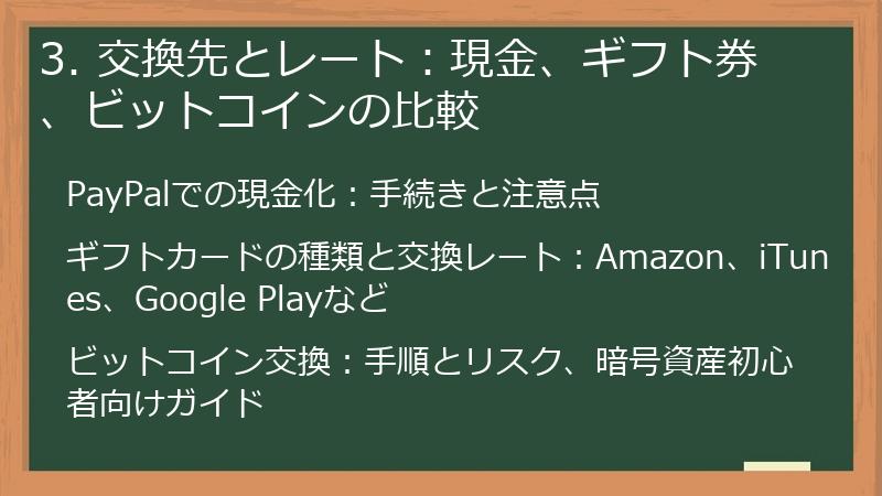 3. 交換先とレート：現金、ギフト券、ビットコインの比較