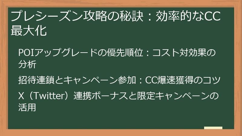 プレシーズン攻略の秘訣：効率的なCC最大化