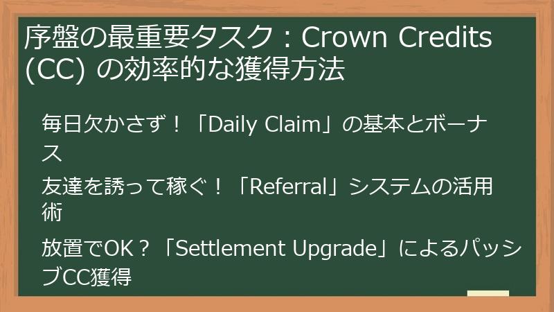 序盤の最重要タスク：Crown Credits (CC) の効率的な獲得方法