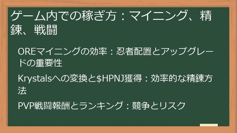 ゲーム内での稼ぎ方：マイニング、精錬、戦闘