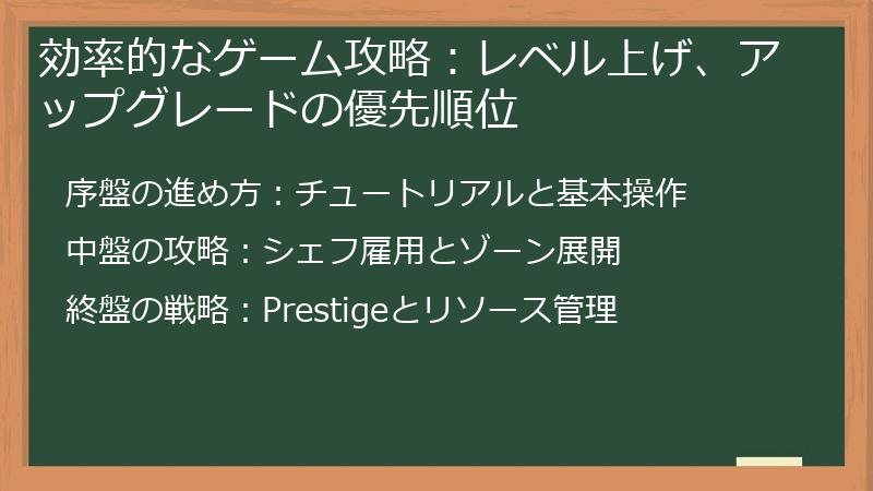 効率的なゲーム攻略：レベル上げ、アップグレードの優先順位