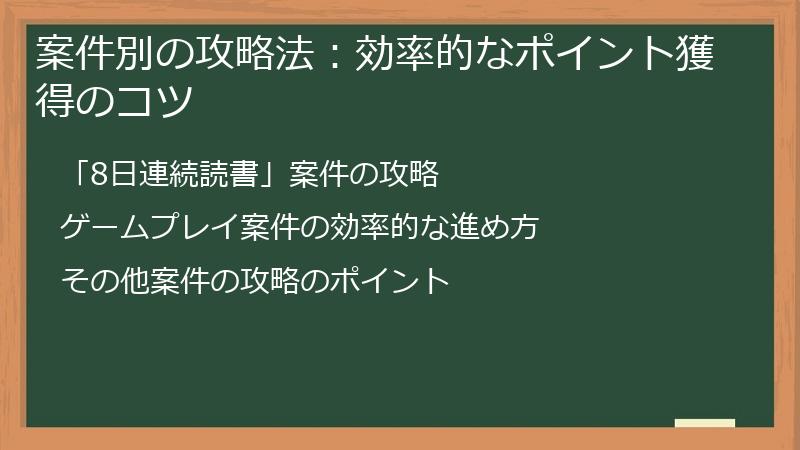 案件別の攻略法：効率的なポイント獲得のコツ