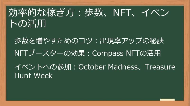 効率的な稼ぎ方：歩数、NFT、イベントの活用