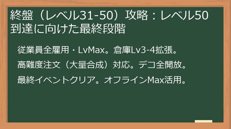 終盤（レベル31-50）攻略：レベル50到達に向けた最終段階