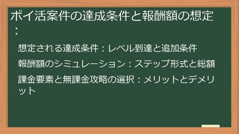 ポイ活案件の達成条件と報酬額の想定：