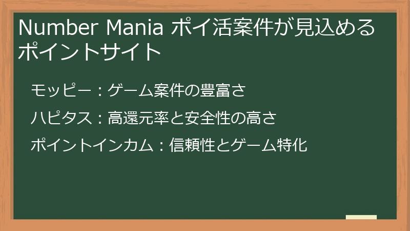 Number Mania ポイ活案件が見込めるポイントサイト