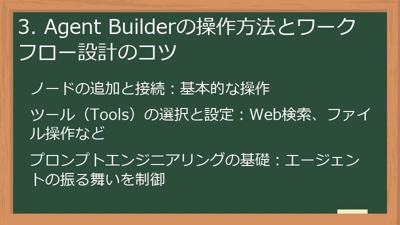 3. Agent Builderの操作方法とワークフロー設計のコツ