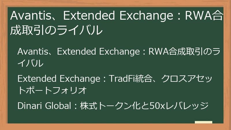 Avantis、Extended Exchange:RWA合成取引のライバル