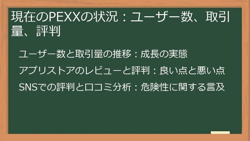 現在のPEXXの状況：ユーザー数、取引量、評判