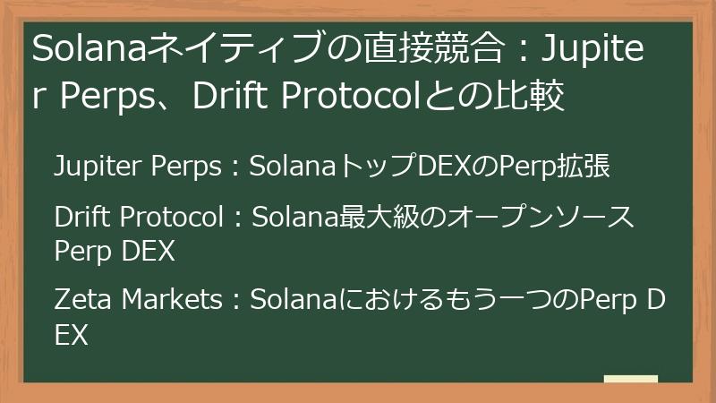 Solanaネイティブの直接競合：Jupiter Perps、Drift Protocolとの比較