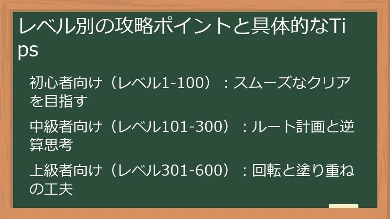 レベル別の攻略ポイントと具体的なTips