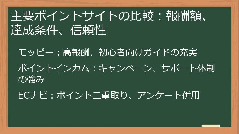 主要ポイントサイトの比較：報酬額、達成条件、信頼性