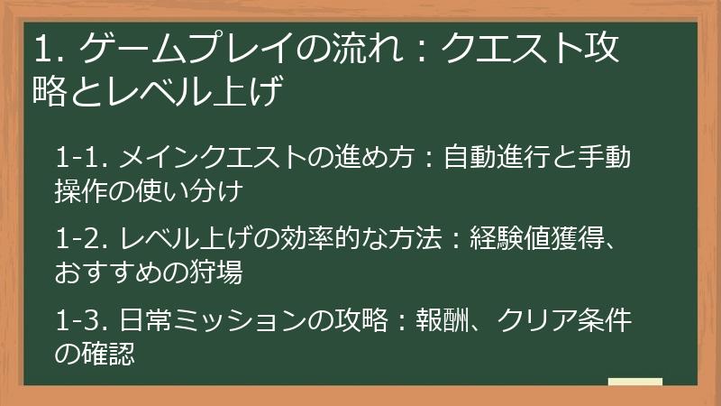 1. ゲームプレイの流れ：クエスト攻略とレベル上げ