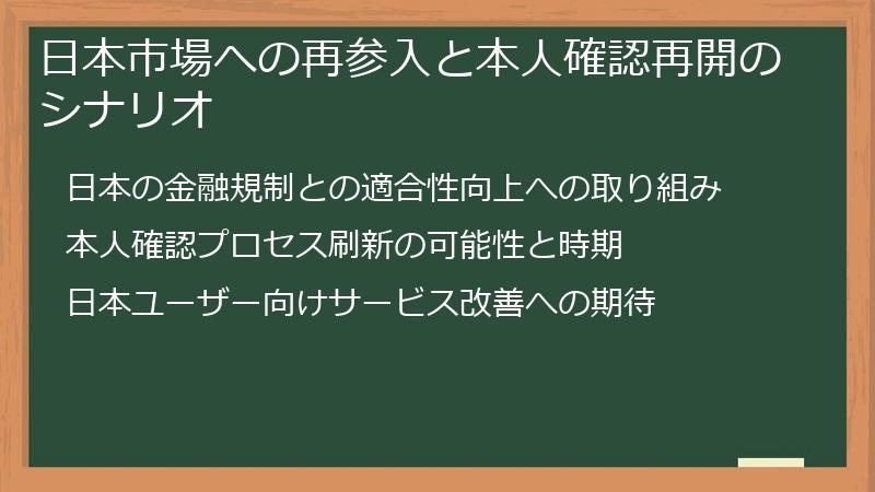日本市場への再参入と本人確認再開のシナリオ