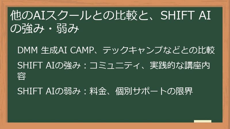 他のAIスクールとの比較と、SHIFT AIの強み・弱み