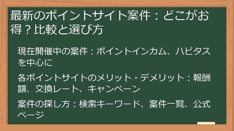 最新のポイントサイト案件：どこがお得？比較と選び方