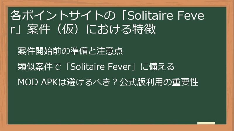 各ポイントサイトの「Solitaire Fever」案件（仮）における特徴