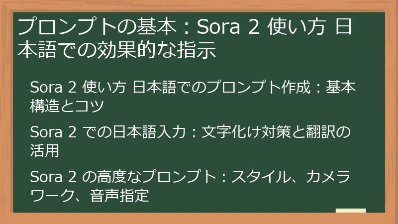 プロンプトの基本：Sora 2 使い方 日本語での効果的な指示