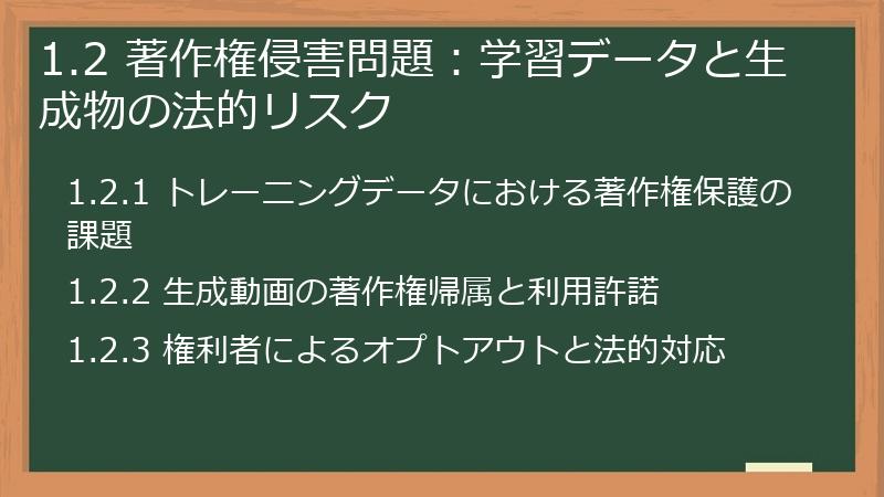1.2 著作権侵害問題:学習データと生成物の法的リスク