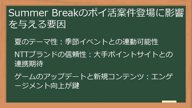 Summer Breakのポイ活案件登場に影響を与える要因
