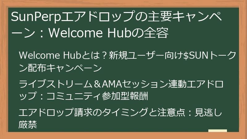 SunPerpエアドロップの主要キャンペーン:Welcome Hubの全容