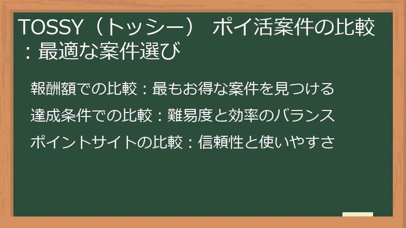 TOSSY（トッシー） ポイ活案件の比較：最適な案件選び