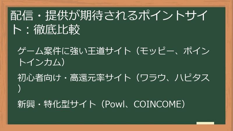 配信・提供が期待されるポイントサイト：徹底比較