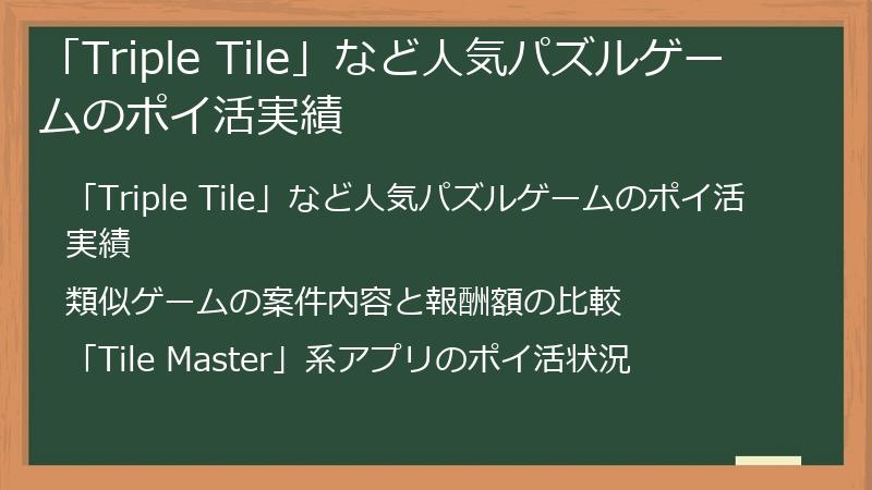「Triple Tile」など人気パズルゲームのポイ活実績